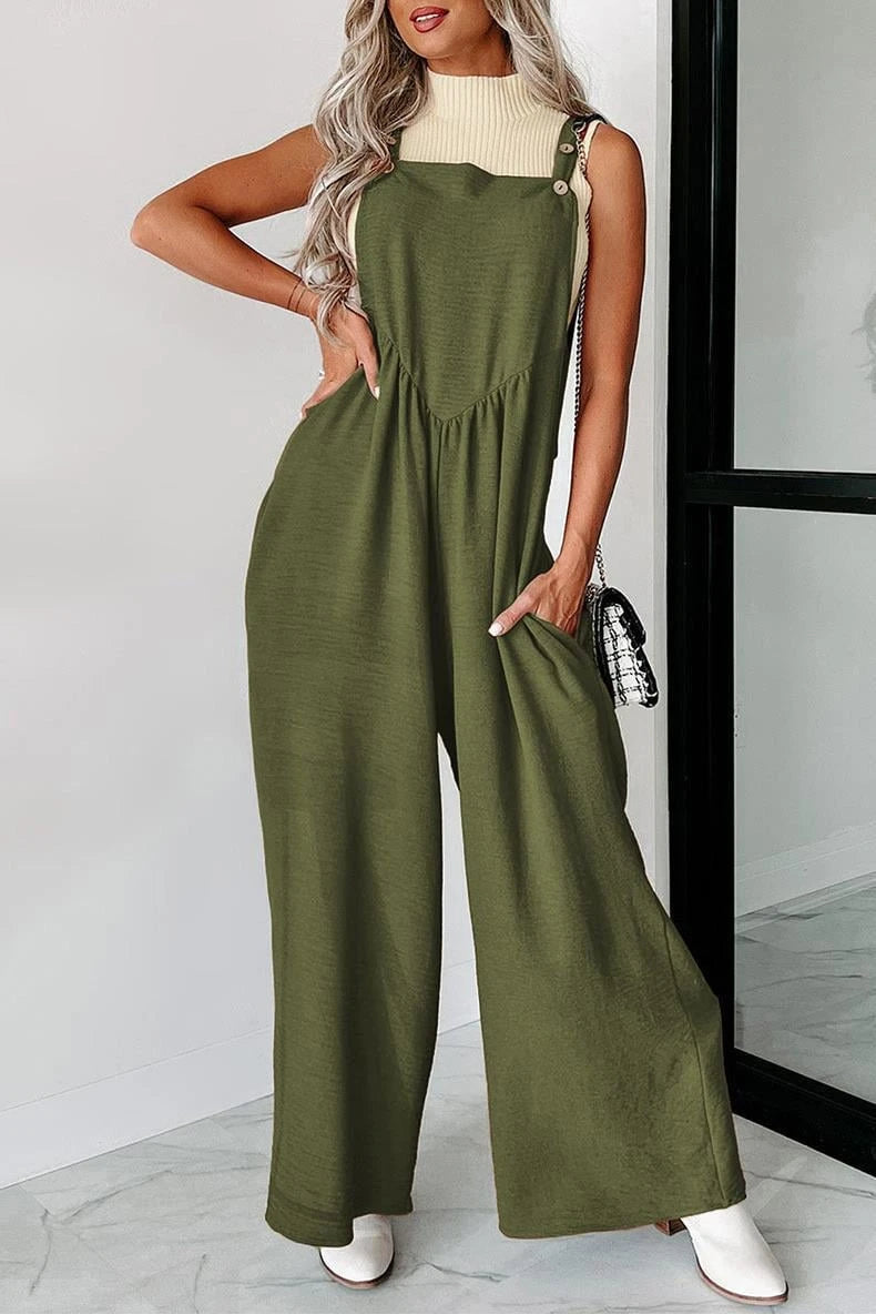 Women’s casual jumpsuit with wide cut legs and decorative button details