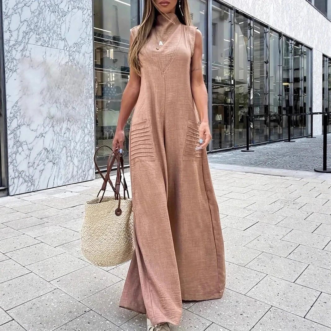 Ladies' airy maxi jumpsuit with decorative pleats and side pockets