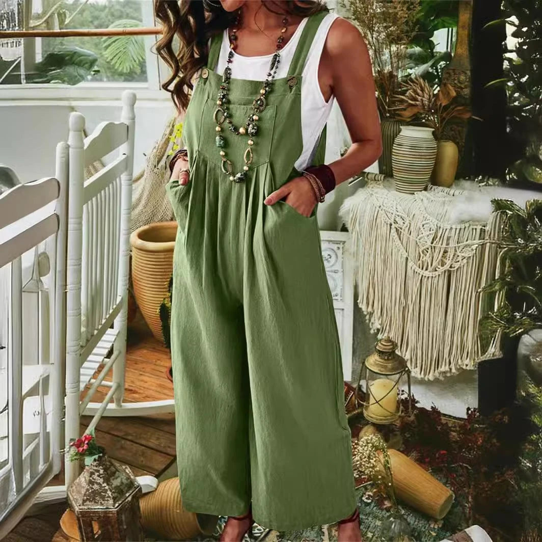Ladies Casual Jumpsuit with Wide Leg and Pockets