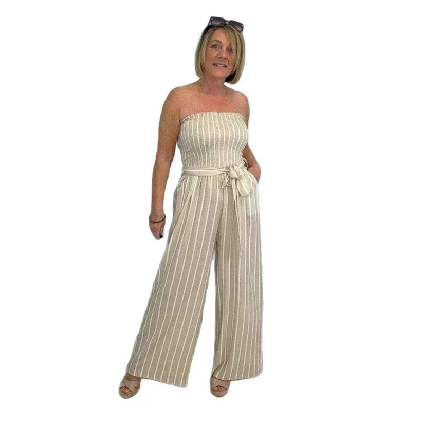 Women's Bandeau Jumpsuit with Wide Leg and Tie Belt