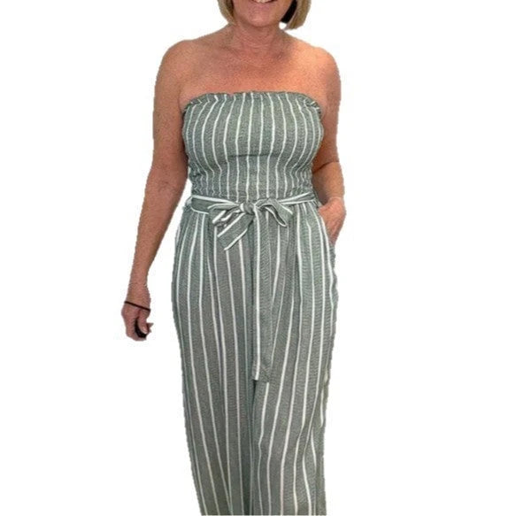 Women's Bandeau Jumpsuit with Wide Leg and Tie Belt
