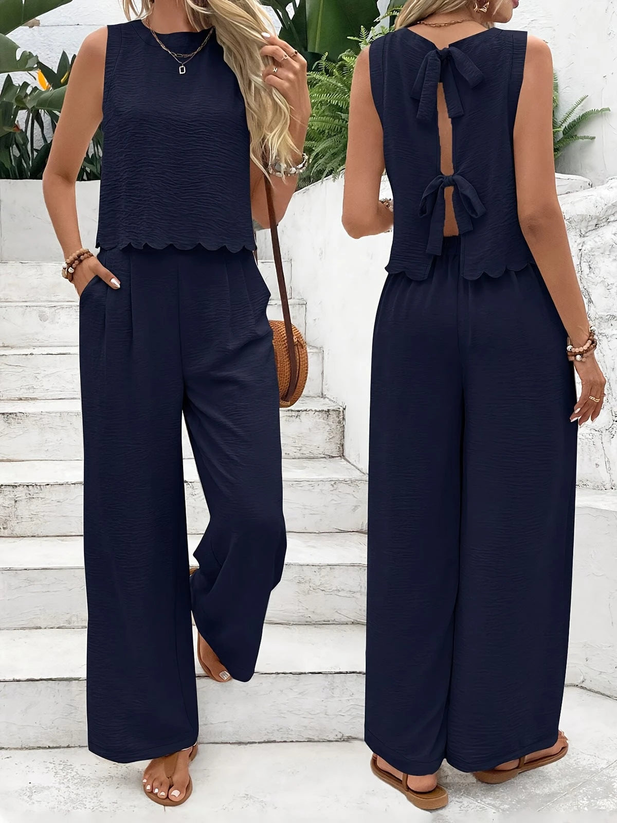 Ladies jumpsuit with elegant back cutout and wide leg