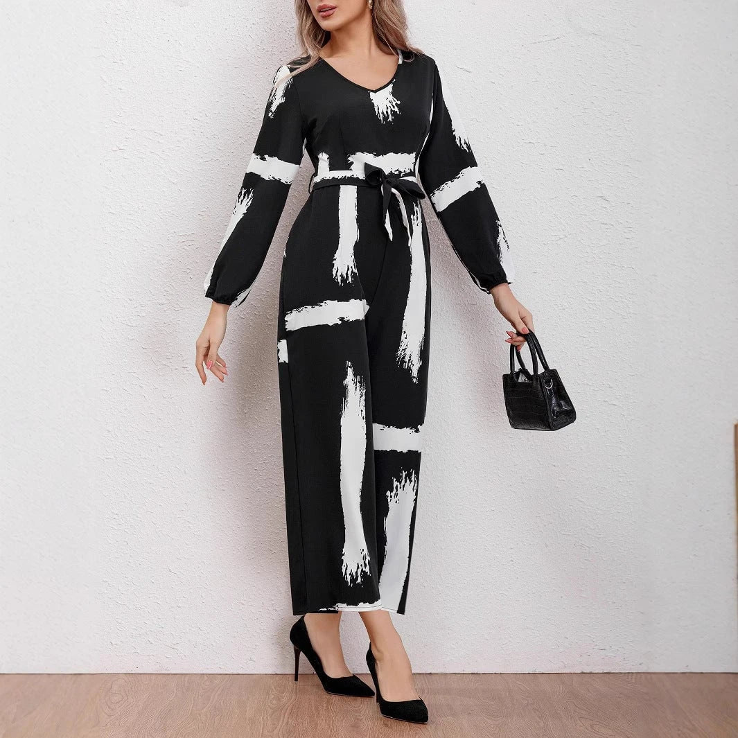 Ladies jumpsuit with modern brushstroke design and belt