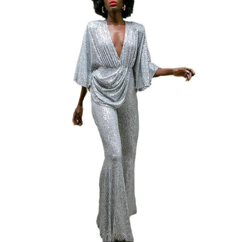 Women's Glamorous Jumpsuit with Sparkling Sequins and Wide Leg