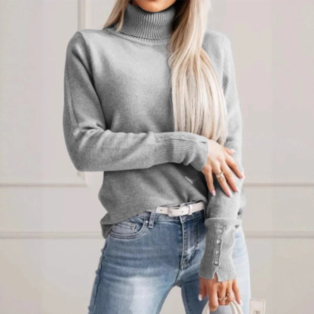 Women's elegant turtleneck pullover with button details