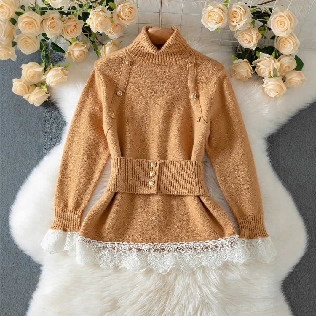 Women’s elegant knit pullover with high neck and decorative button details