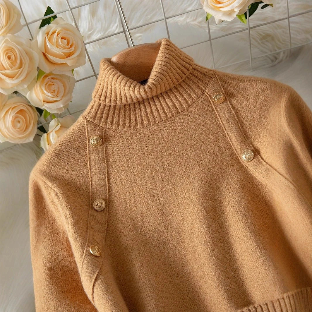 Women’s elegant knit pullover with high neck and decorative button details