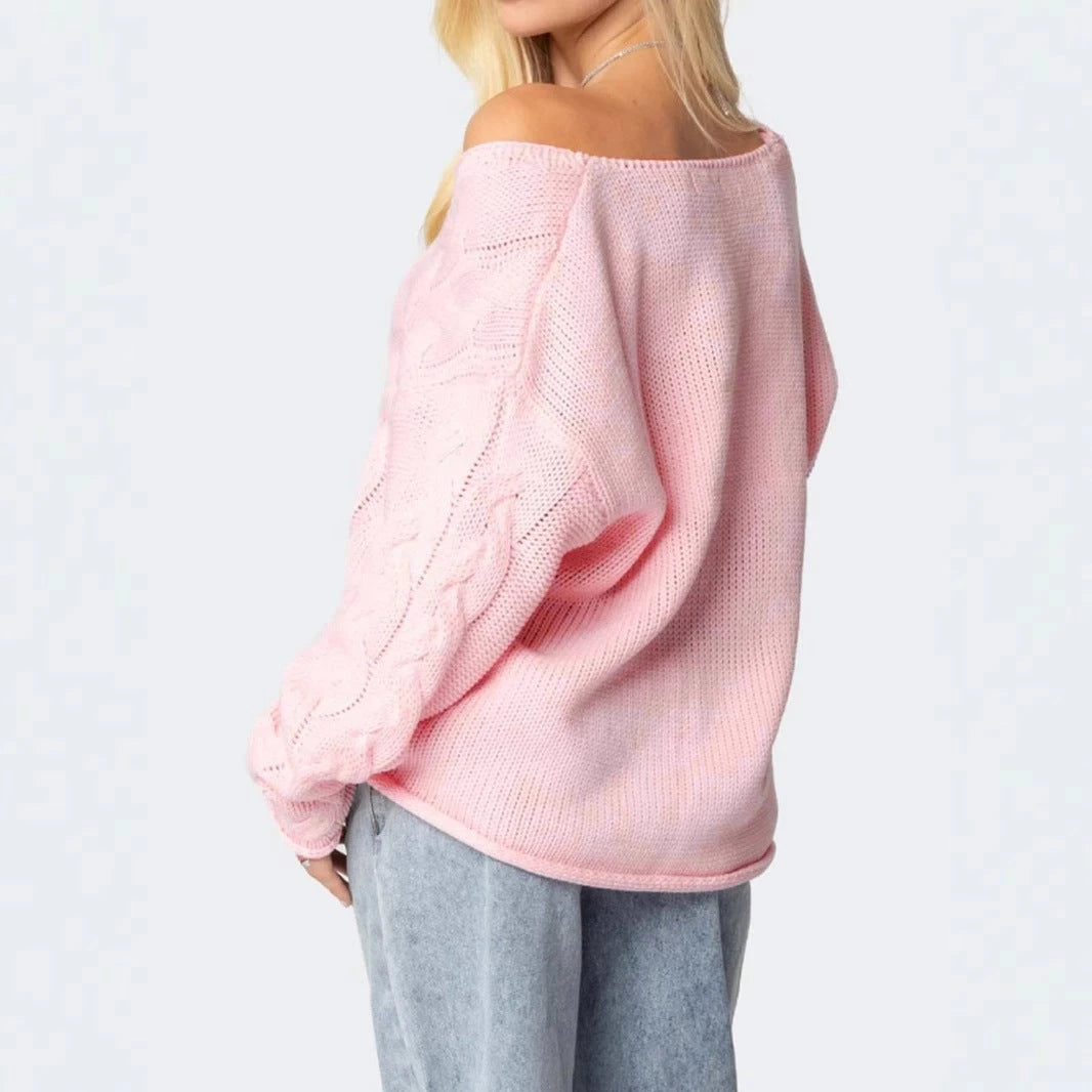 Women's chunky knit pullover with deep V-neck and casual silhouette