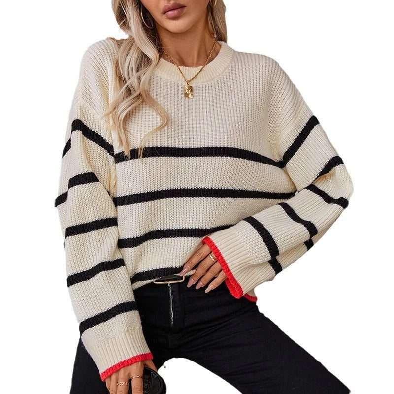 Women's classic knitted pullover with maritime striped pattern and wide cut