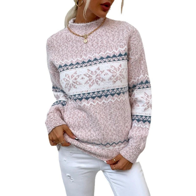 Women's Cozy Oversized pullover with Christmas Motif and High Collar