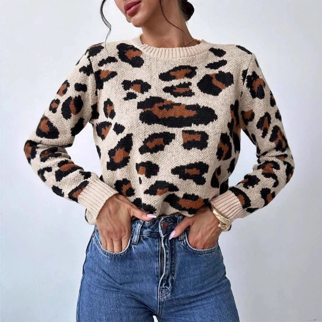 Women's cozy knit pullover with leopard pattern and dropped shoulders