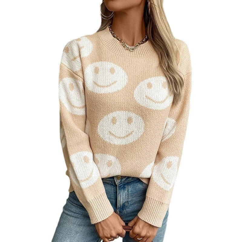 Women's casual pullover with cheerful smiley pattern