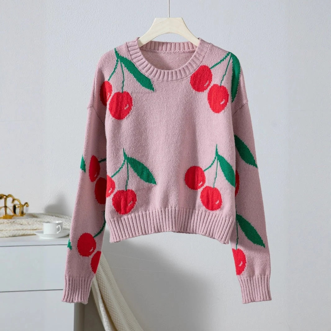 Women's casual pullover with fruity cherry pattern and soft knit