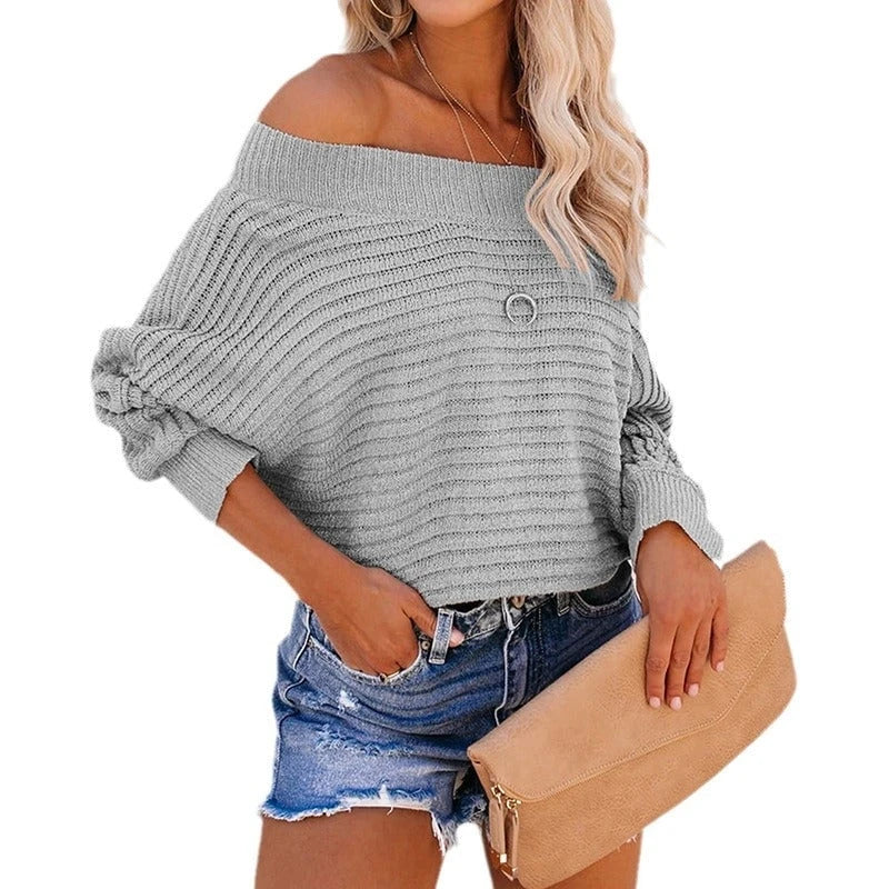 Womens casual pullover with off-shoulder design and textured knit pattern