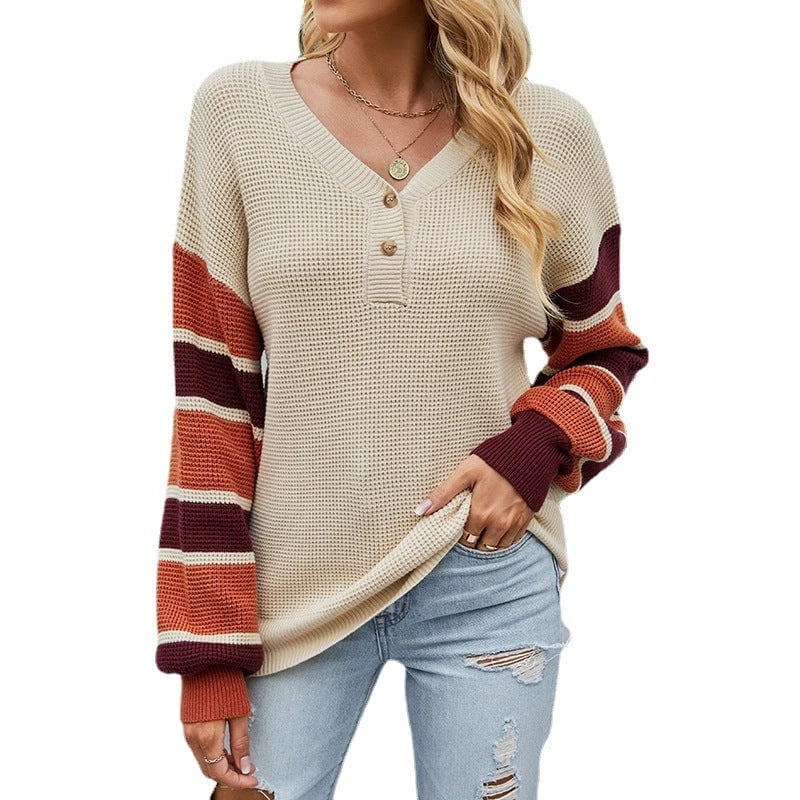 Women's casual knitted pullover with modern block stripes