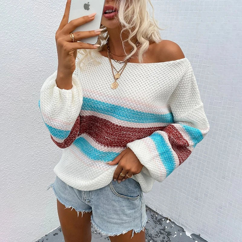 Women's casual pullover with wide neckline and unique stripe pattern