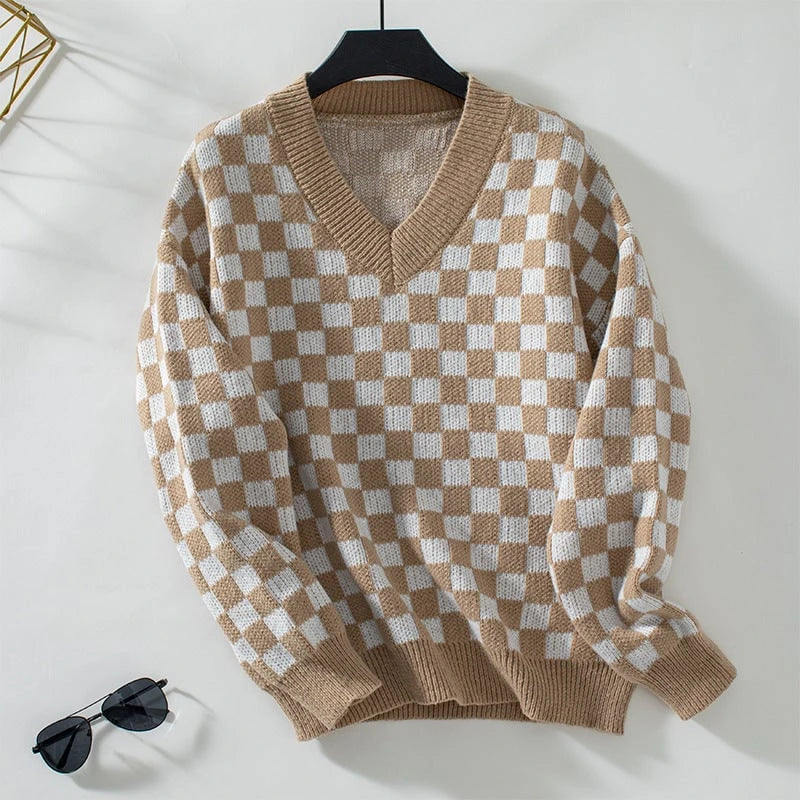 Women's Casual V-Neck pullover with Check Pattern and Loose Fit