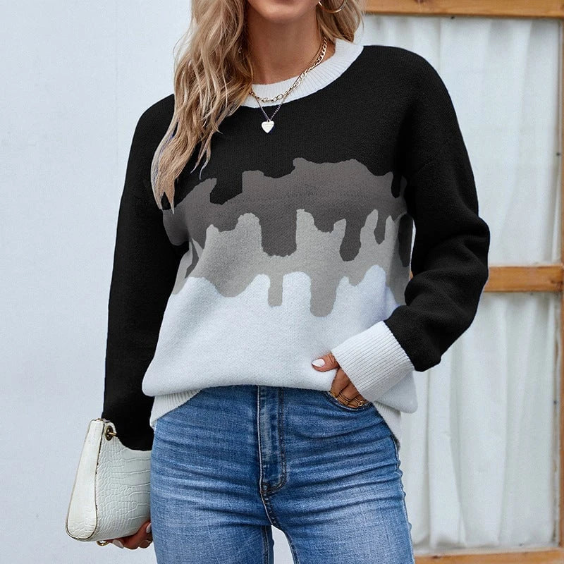 Ladies fashionable pullover with creative gradient and round neck