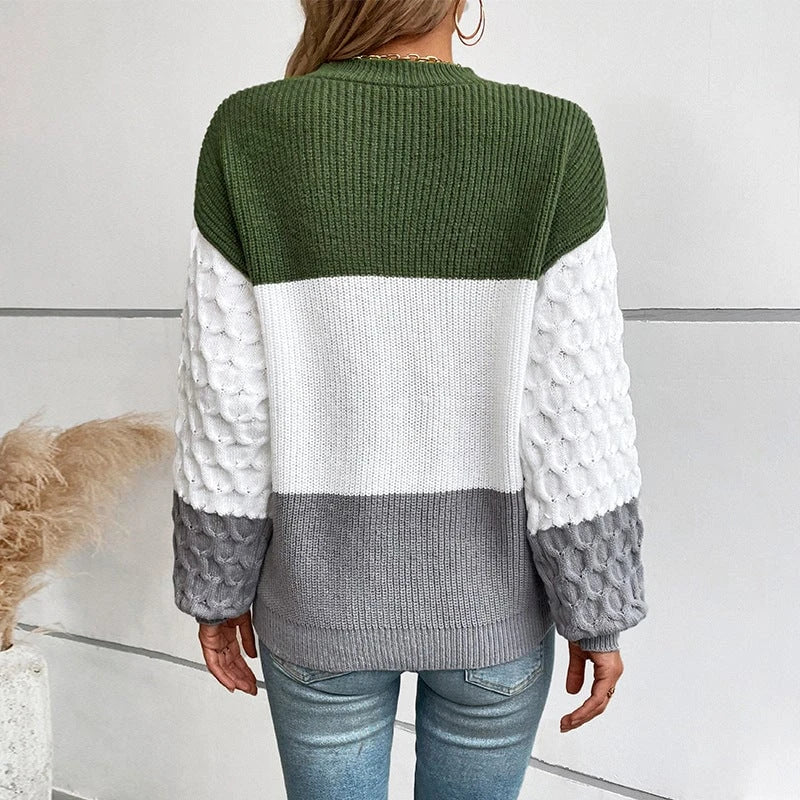 Women's fashionable pullover with textured sleeves and block stripes