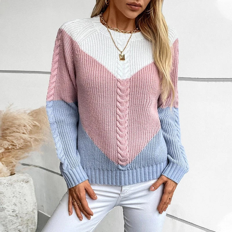 Ladies fashionable knit pullover with geometric pattern and cable ribs
