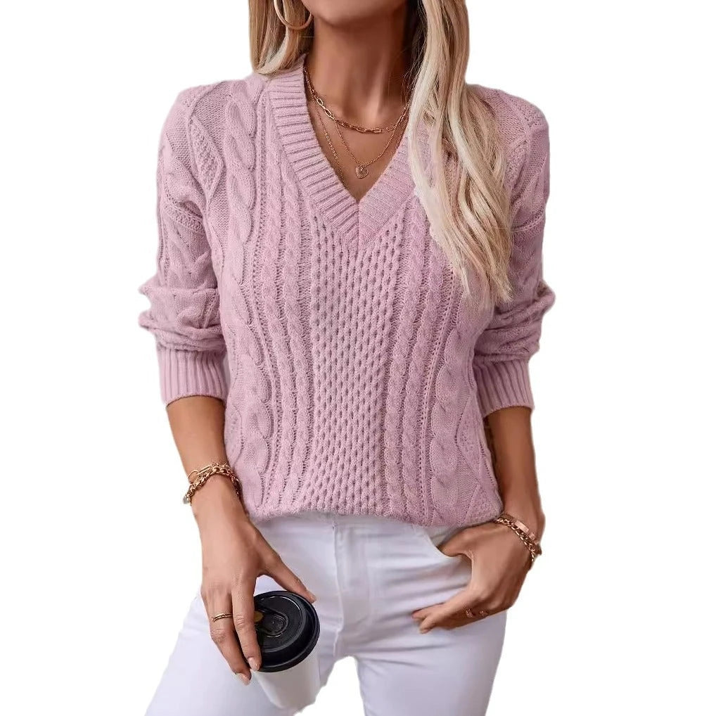 Women's fashionable knitted pullover with deep V-neck and cable pattern
