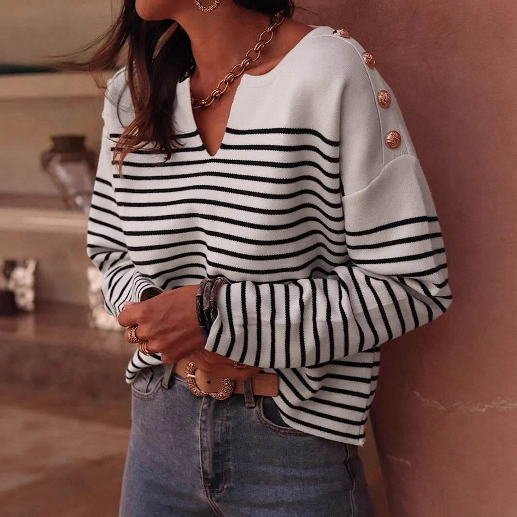 Women's stylish pullover with wide stripes and elegant button details