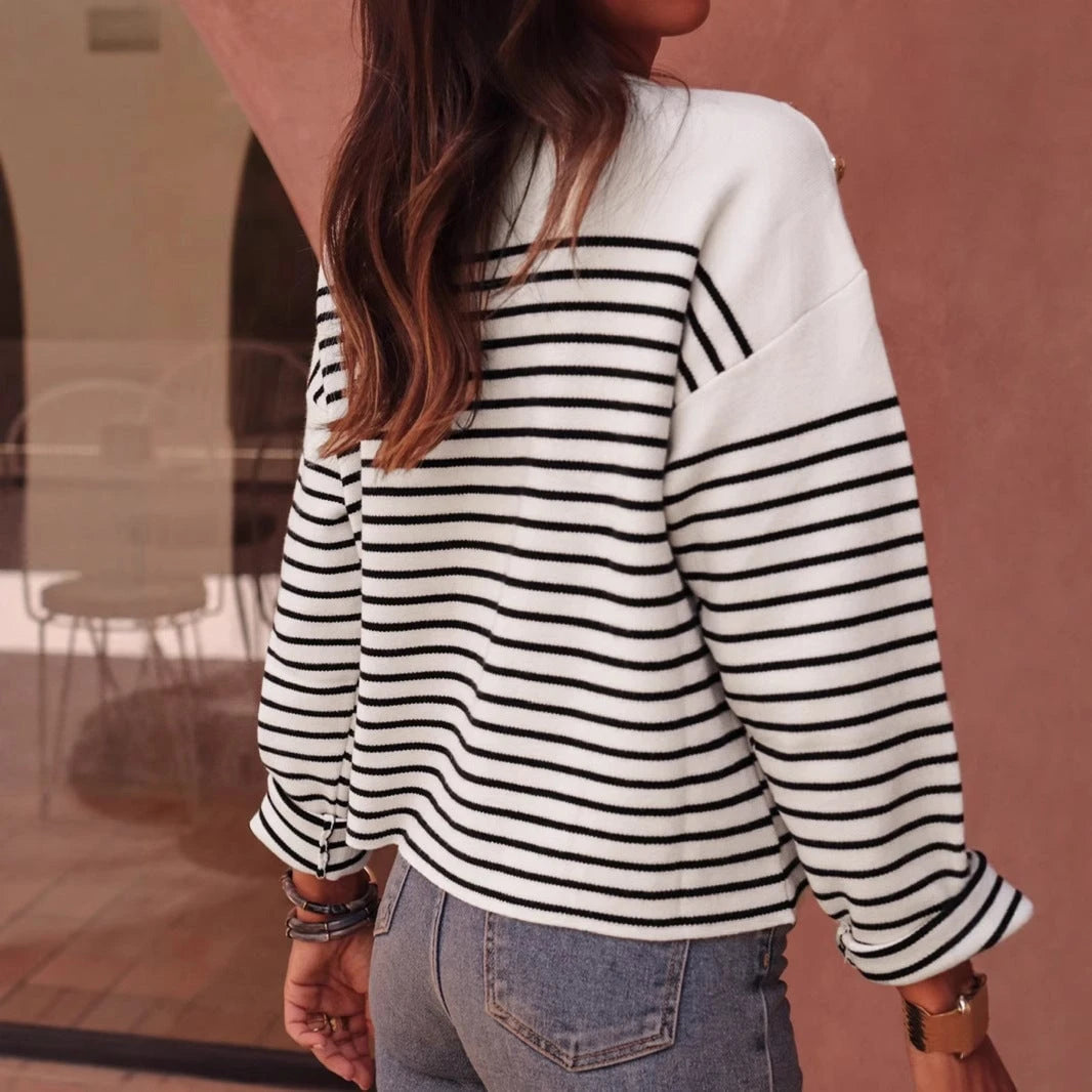 Women's stylish pullover with wide stripes and elegant button details