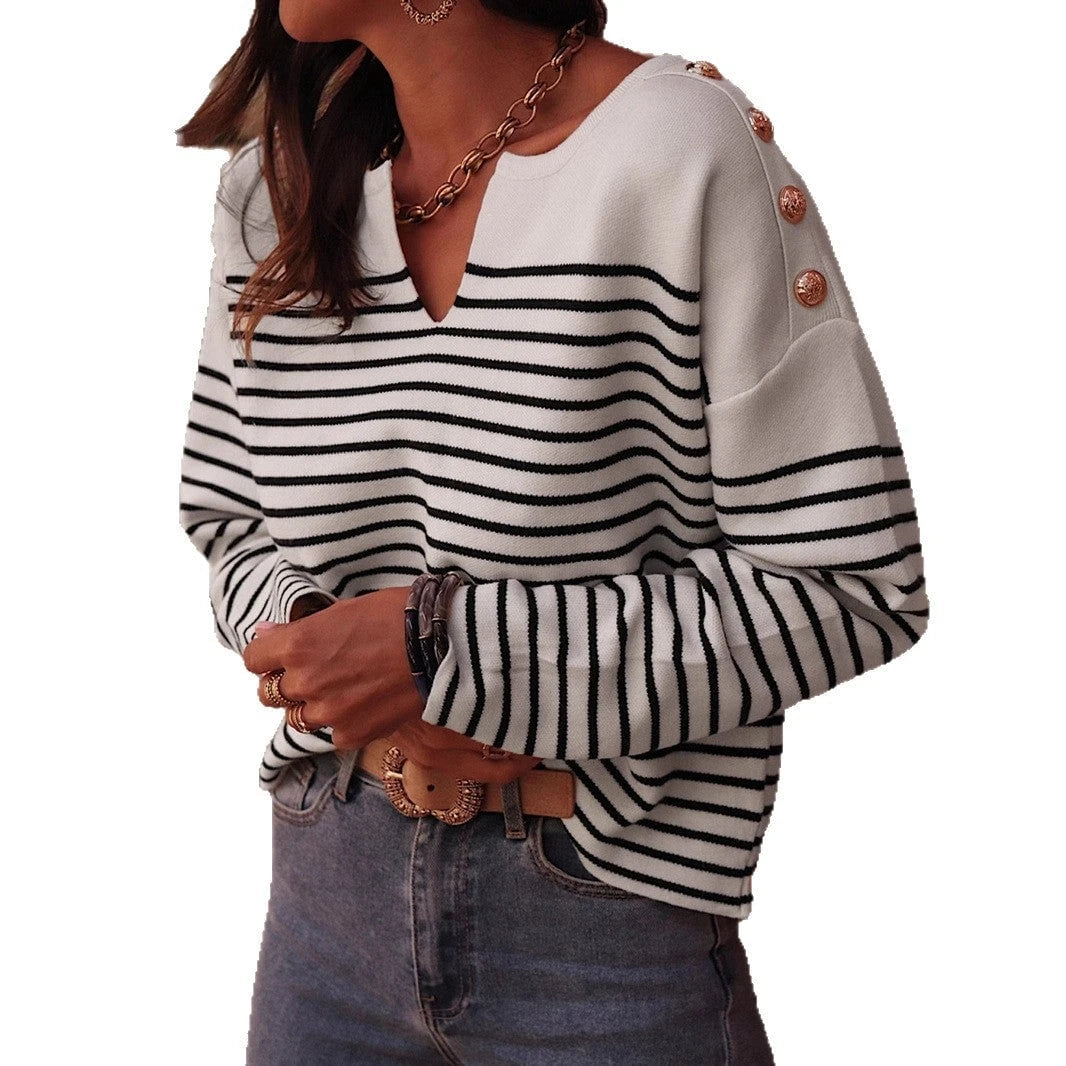 Women's stylish pullover with wide stripes and elegant button details