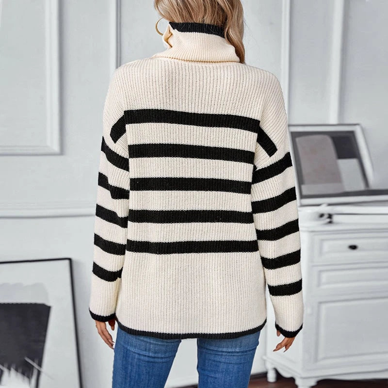 Women's turtleneck pullover with button details and striped design