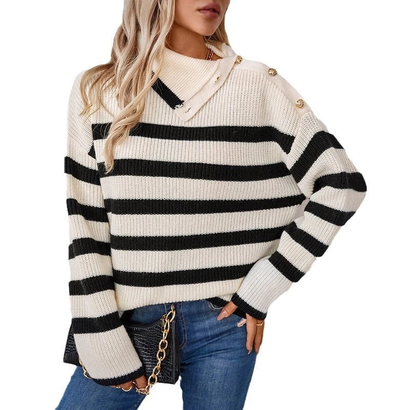 Women's turtleneck pullover with button details and striped design