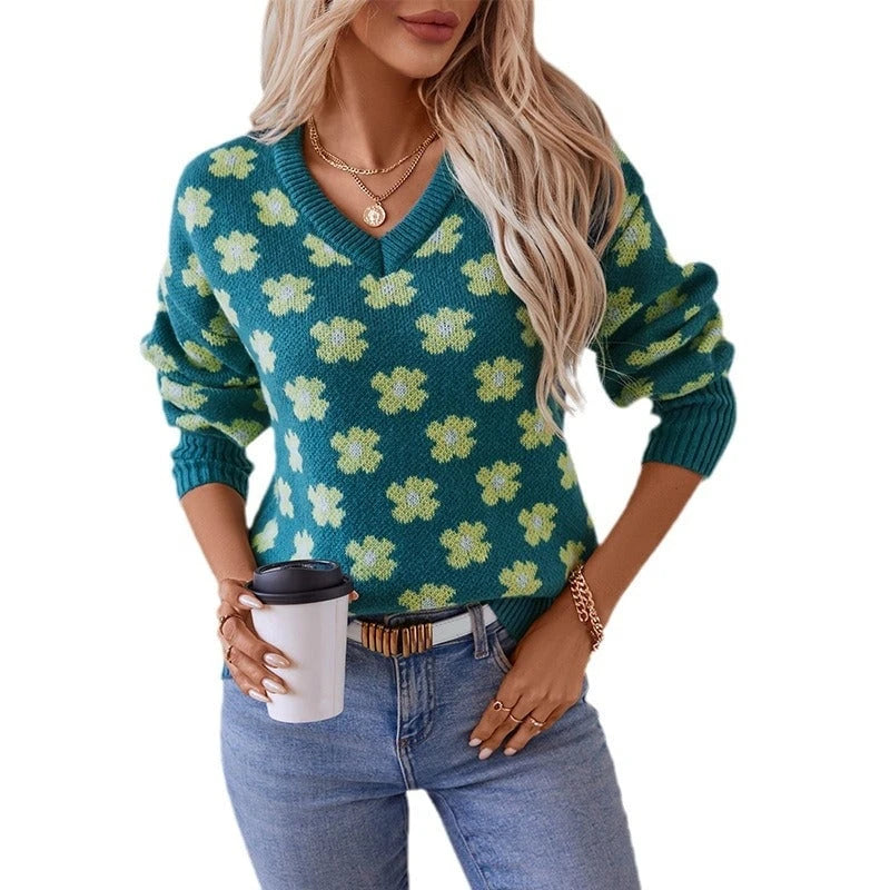 Women's knit pullover with floral pattern and V-neck