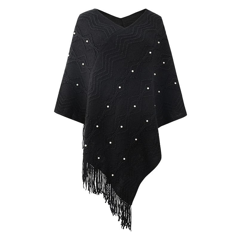 Ladies elegant poncho with eye-catching textured pattern and decorative fringes