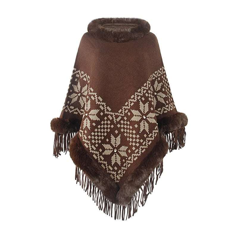 Ladies elegant poncho with decorative fringe design and faux fur trim