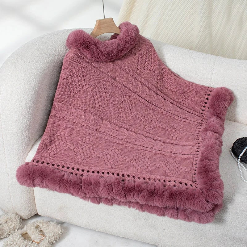 Women's cozy knitted poncho with velvety fur trim