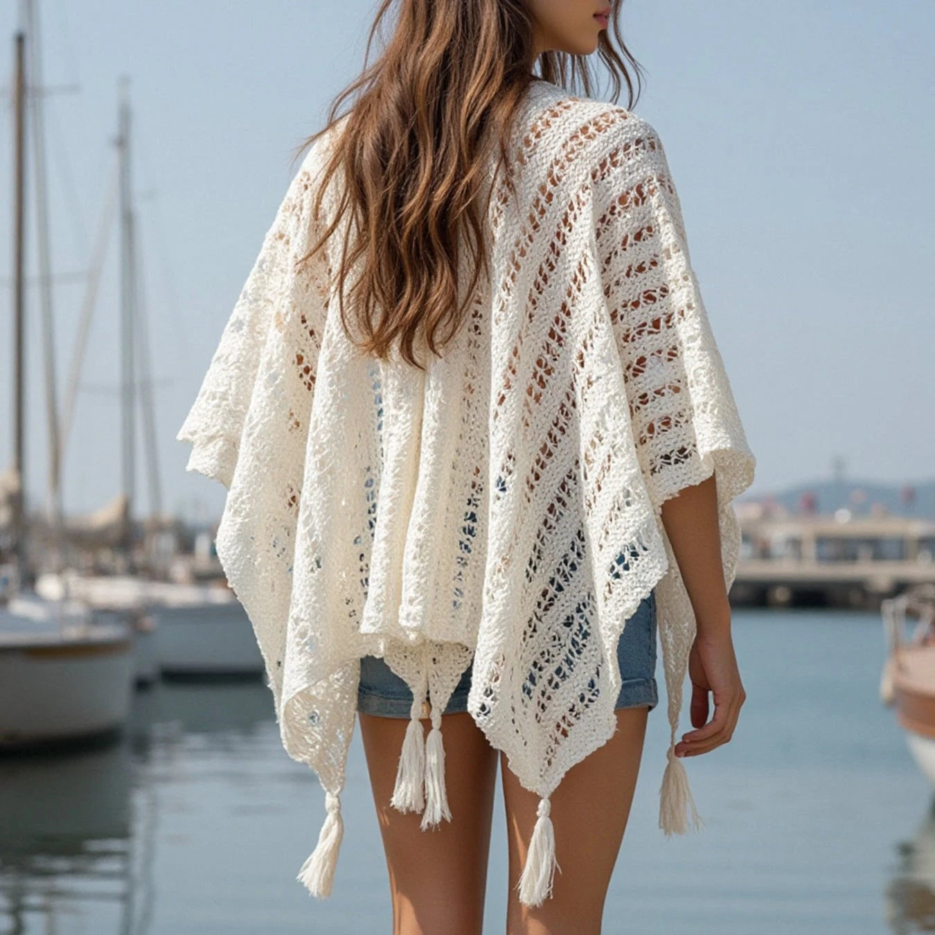 Ladies airy knit poncho with fringes