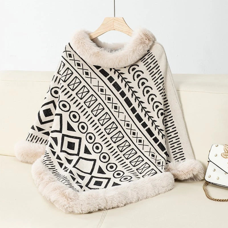 Women's fashionable poncho with decorative faux fur collar