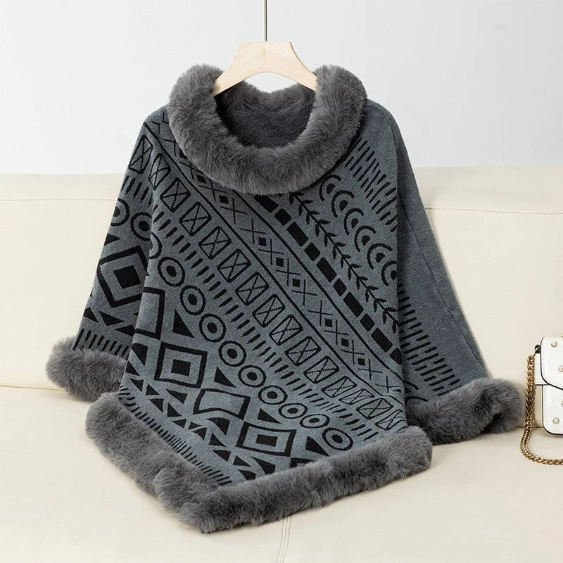 Women's fashionable poncho with decorative faux fur collar