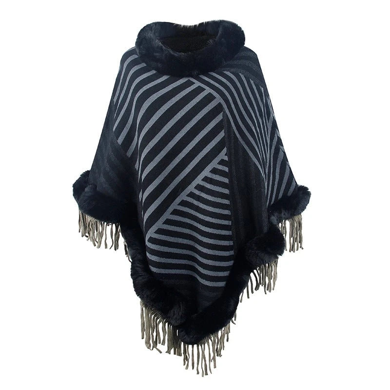 Ladies fashionable poncho with elegant fringe decoration