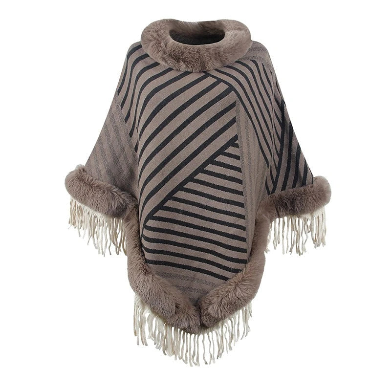 Ladies fashionable poncho with elegant fringe decoration
