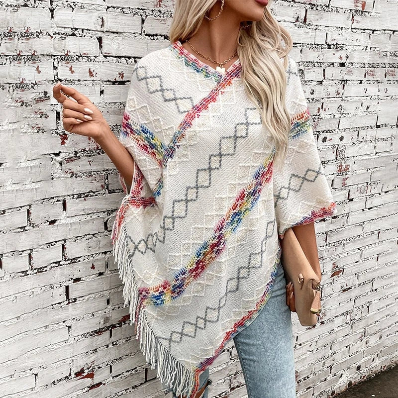 Ladies fashion wrap sweater with fringed hem and unique pattern