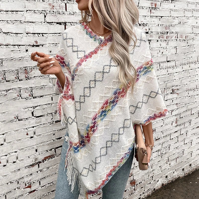 Ladies fashion wrap sweater with fringed hem and unique pattern