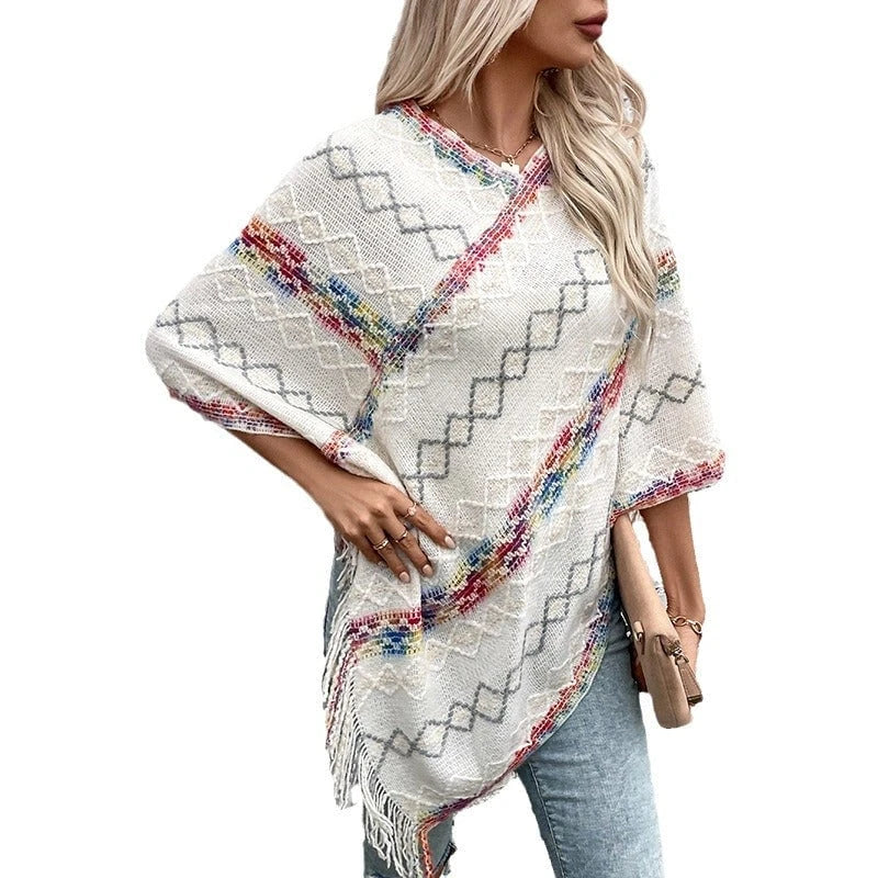 Ladies fashion wrap sweater with fringed hem and unique pattern