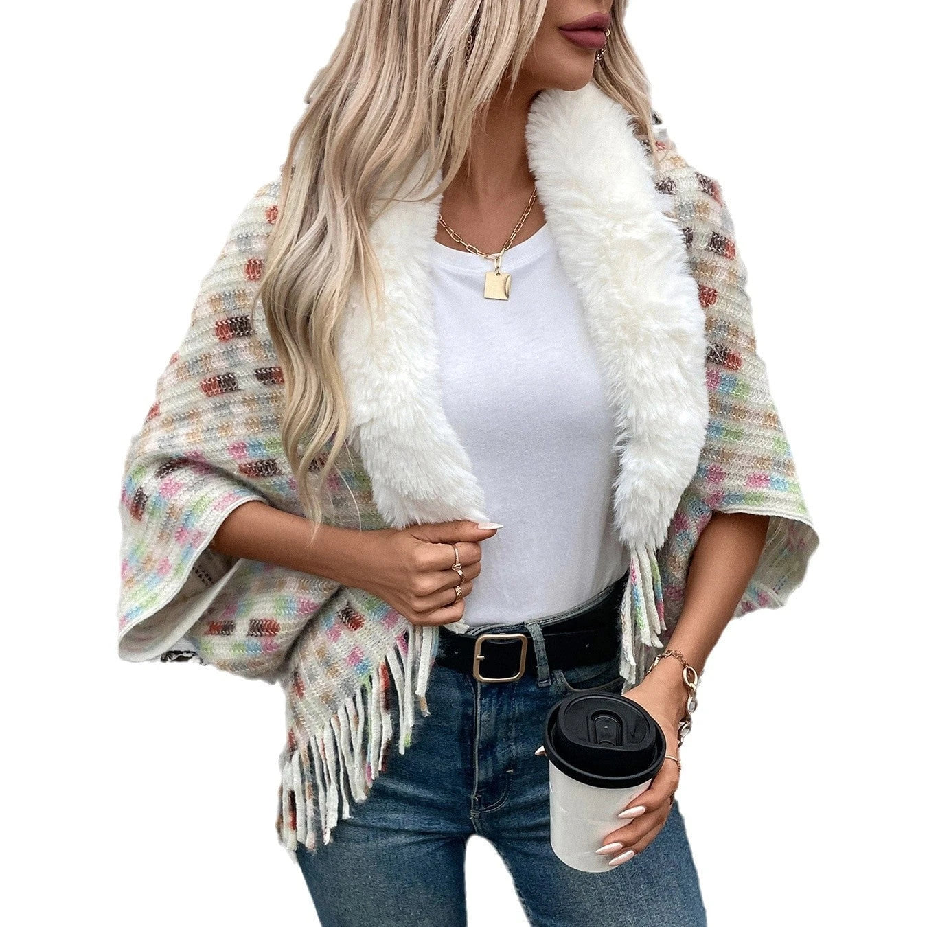 Ladies elegant poncho with luxurious faux fur collar and fringes