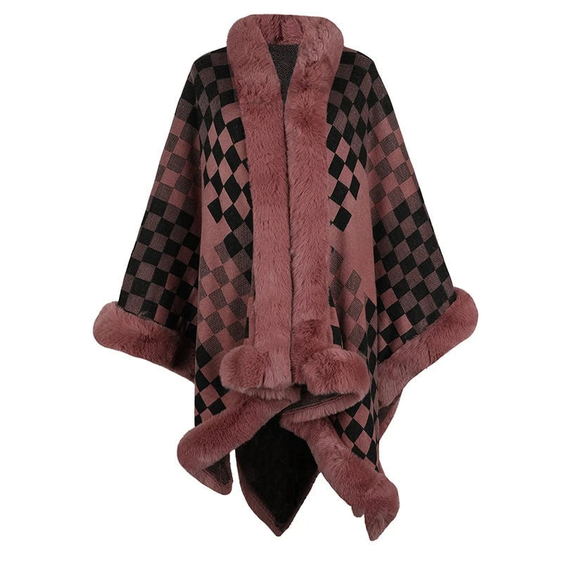 Ladies elegant knitted poncho with luxurious faux fur trim and geometric pattern
