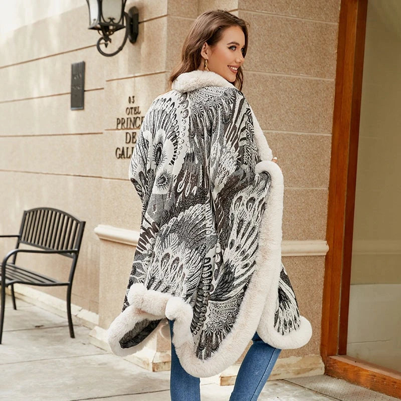 Women's luxurious poncho with decorative fleece thermal protection