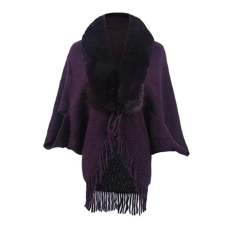 Women's fashionable poncho with luxurious faux fur collar