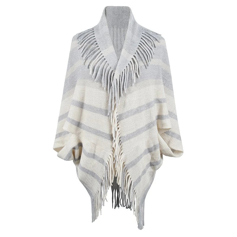 Women’s fashionable knitted poncho with casual fringe design and elegant structure