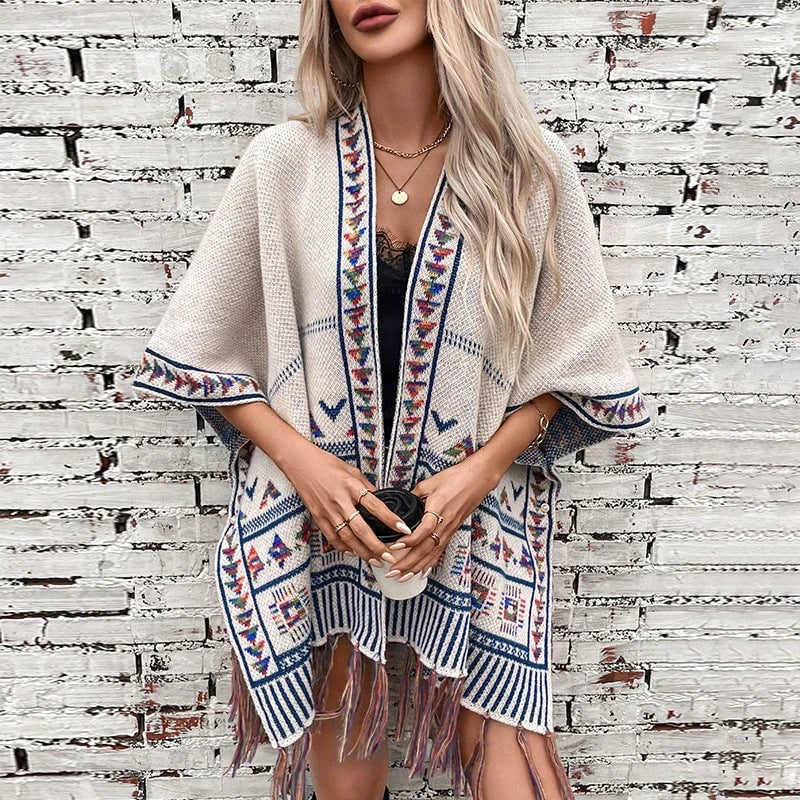 Women's stylish poncho with colorful ethnic pattern