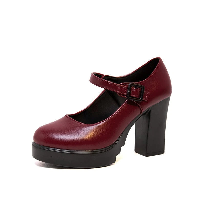 Women's elegant Mary Jane pumps with decorative strap and comfortable block heel