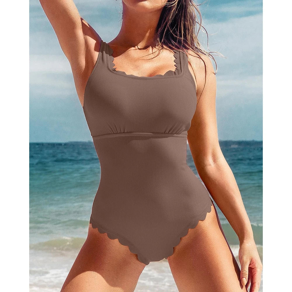 Women wavy design rib knit one-piece swimsuit